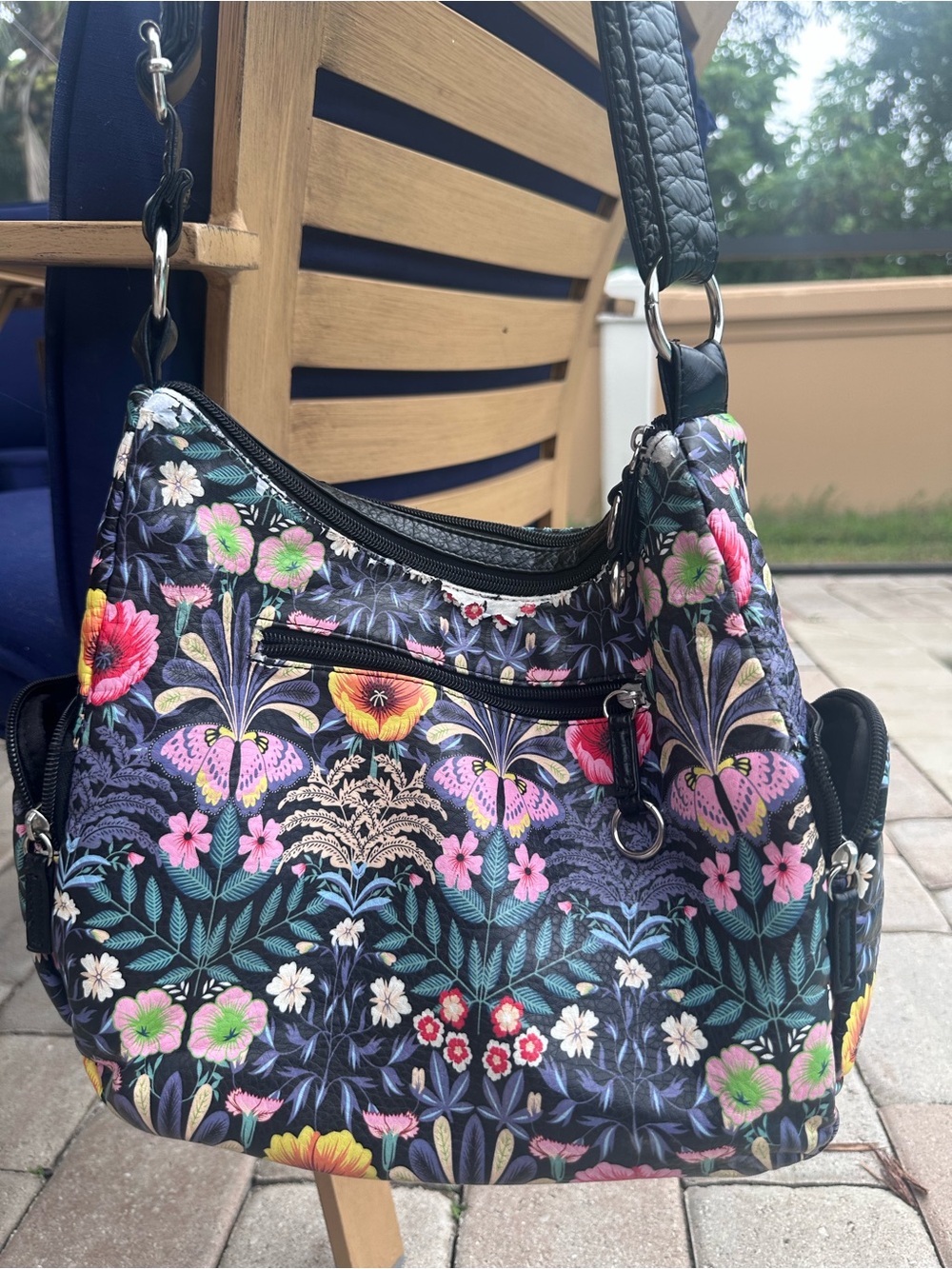 Bueno Black Floral Shoulder Bag with Multicolor Blooms
